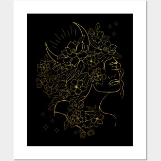 Woman with Flowers and Crescent Moon - Golden Lines Posters and Art